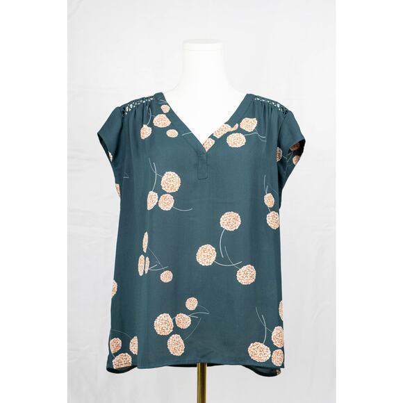 Daniel Rainn Size XL Blouse Cap Sleeves Hydrangeas Pattern Dark Green - Picture 1 of 7